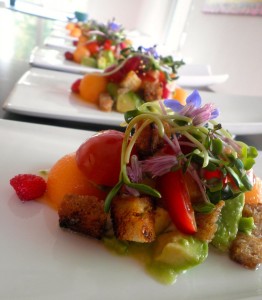 SALADE ADULTE Boules de melon, avocat, ricotta aux herbes, croutons à l’ail, tomates, fraises des bois, graines germées